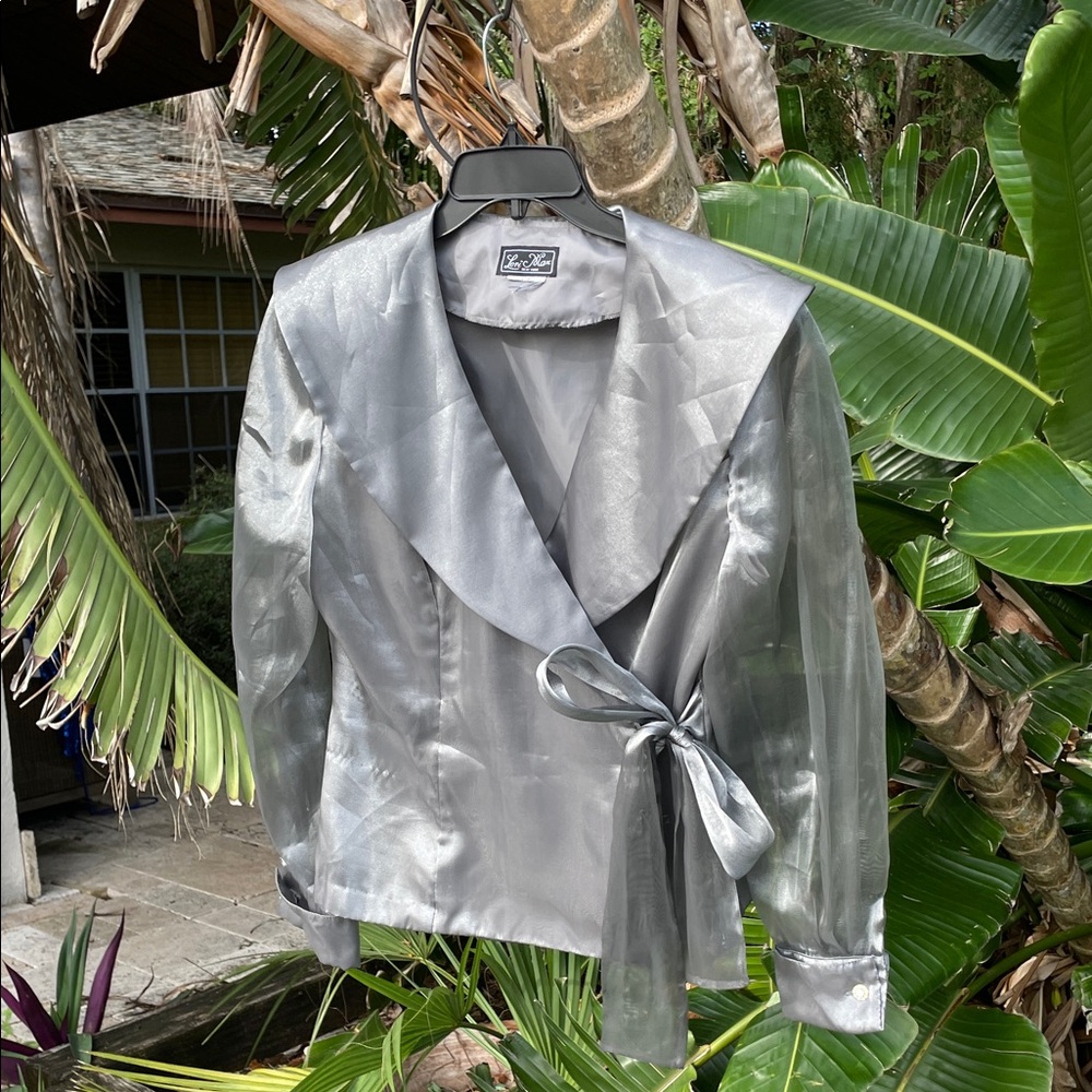 Vintage, silver puff sleeve sheer jacket or top with large side bow